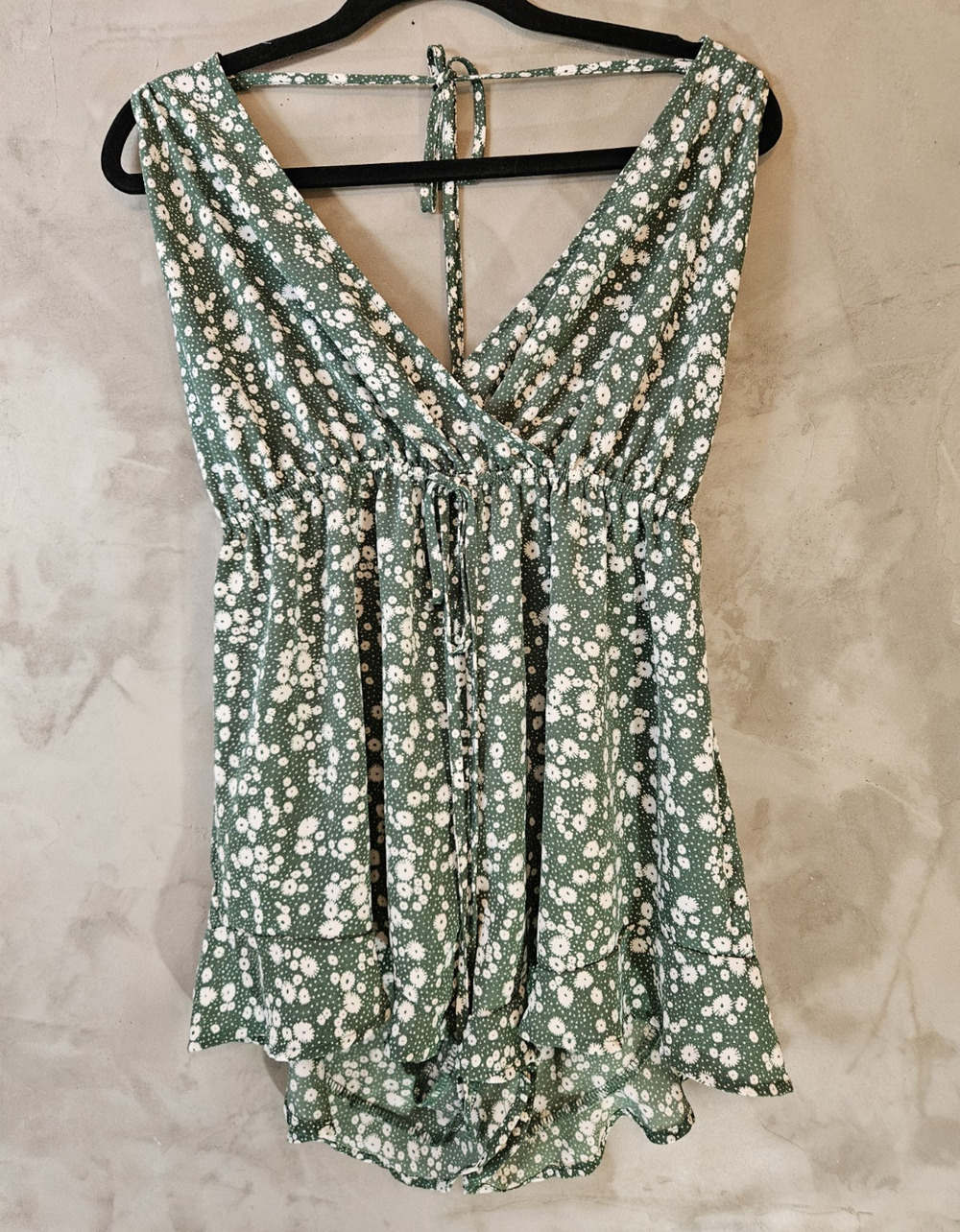 Lizaful Green/White Floral Romper Strappy Halter Tie Waist US 8